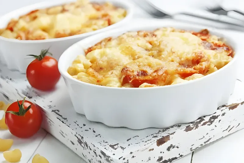 Csirkés-paradicsomos rakott tészta sajttal