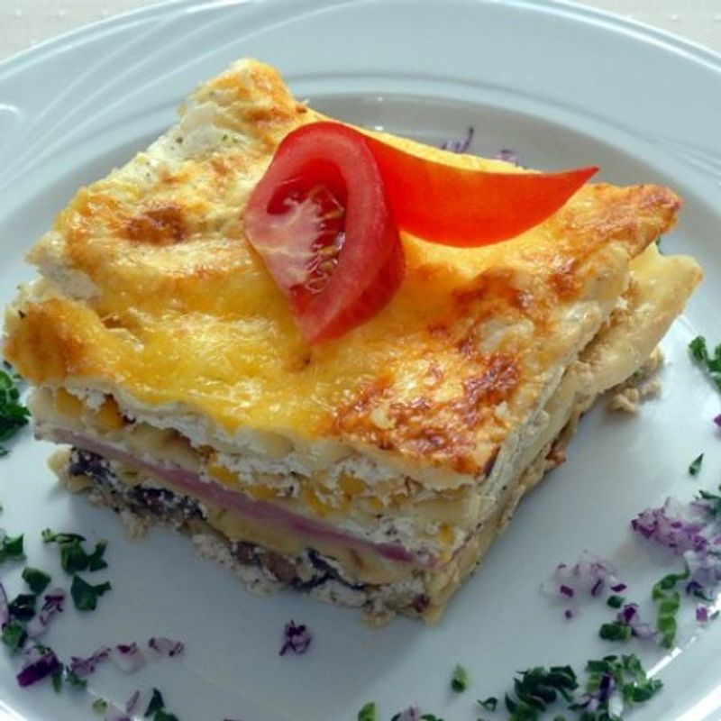 Sonkás-gombás-kukoricás lasagne