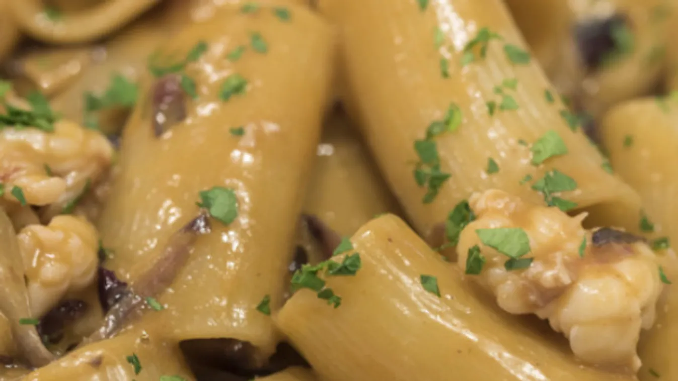 Rigatoni tészta fokhagymáspetrezselymes füstölt hallal recept