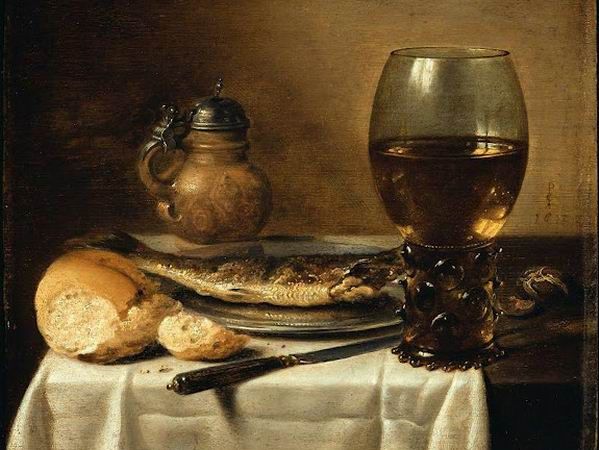 Pieter van Claesz csendélete kenyérrel, heringgel, borral 1642-ből, a festmény eredetije ma Bostonban látható