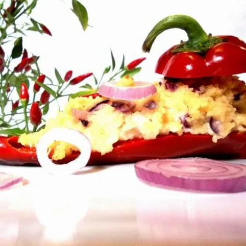 Juhtúrós-lilahagymás kuszkusszal töltött kápia paprika recept