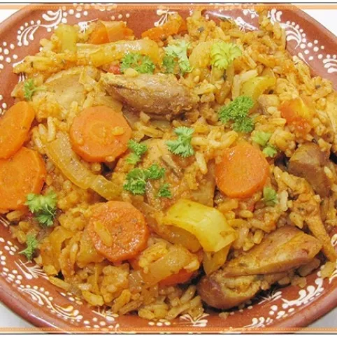 Zöldséges piláf csirkecombbal recept