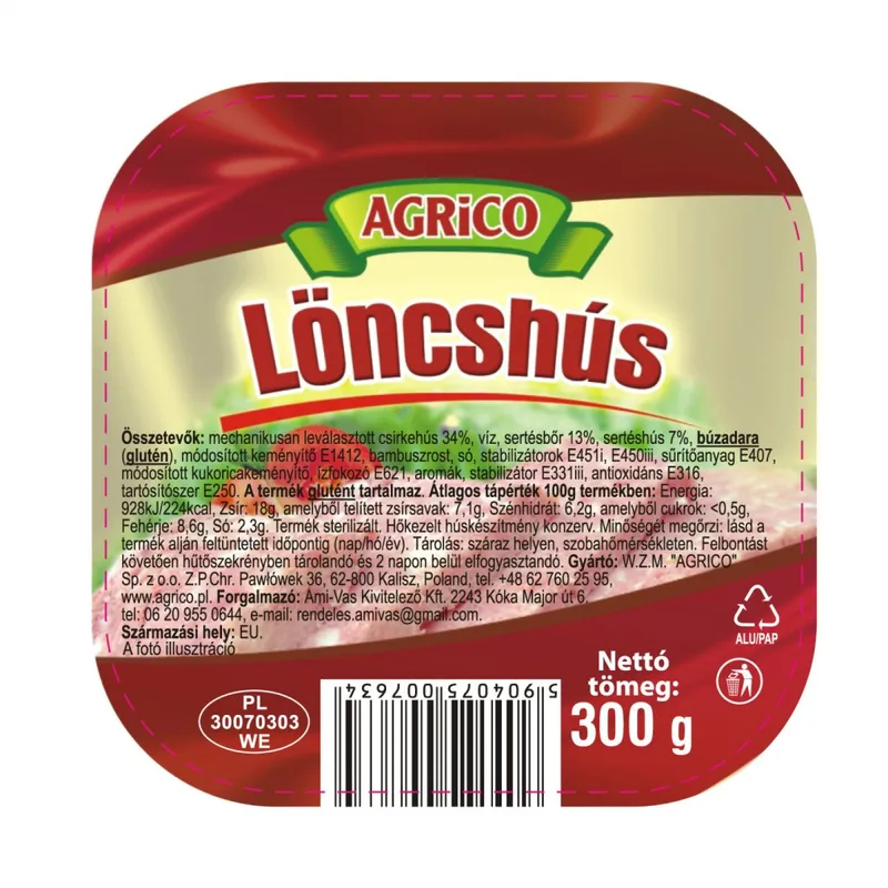 Agrico Löncshús 300g (Fotó:Nébih.hu)