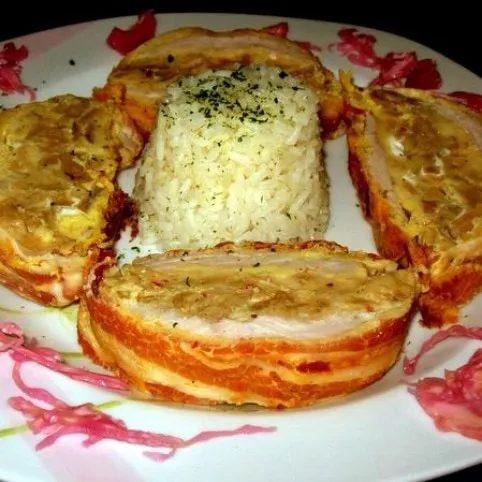 Gombás rakott hús őzgerincben recept