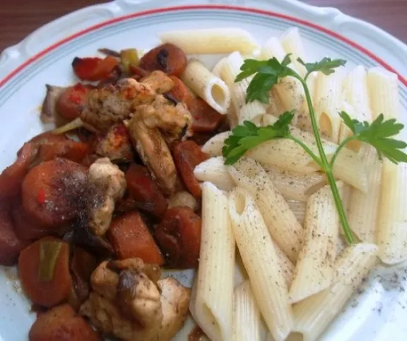 Répás-chilis  csirkemellcsíkok pennével recept