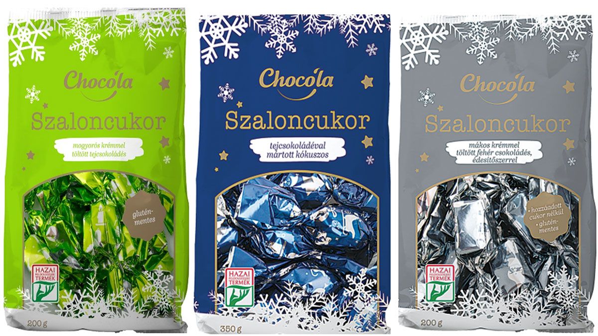 Choco'la mogyorós krémmel töltött tejcsokoládés szaloncukor, a Choco'la tejcsokoládéval mártott kókuszos szaloncukor és a Choco'la mákos krémmel töltött fehércsokoládés szaloncukor (Foró: Nébih)