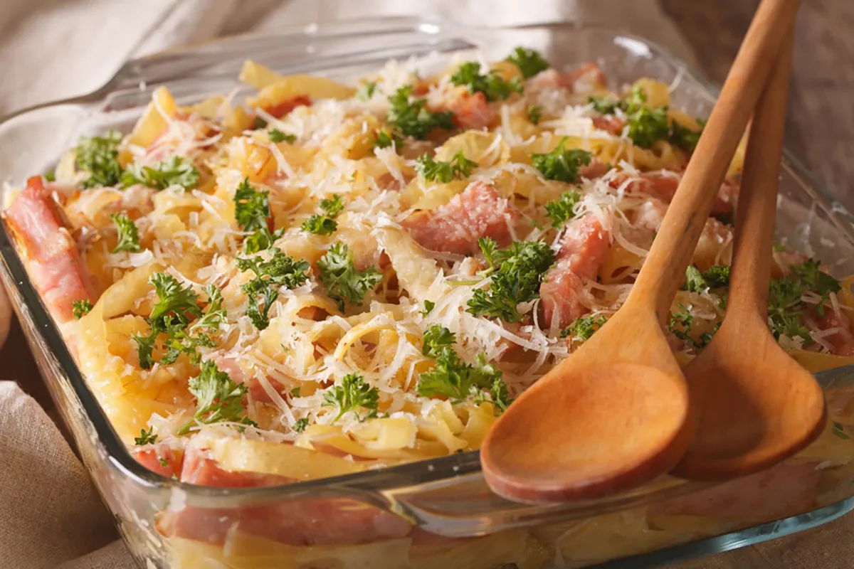Sonkás-cukkinis rakott tészta recept