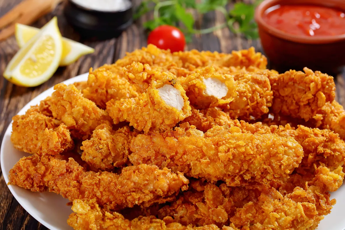 Csirkemellcsíkok corn flakes bundában recept