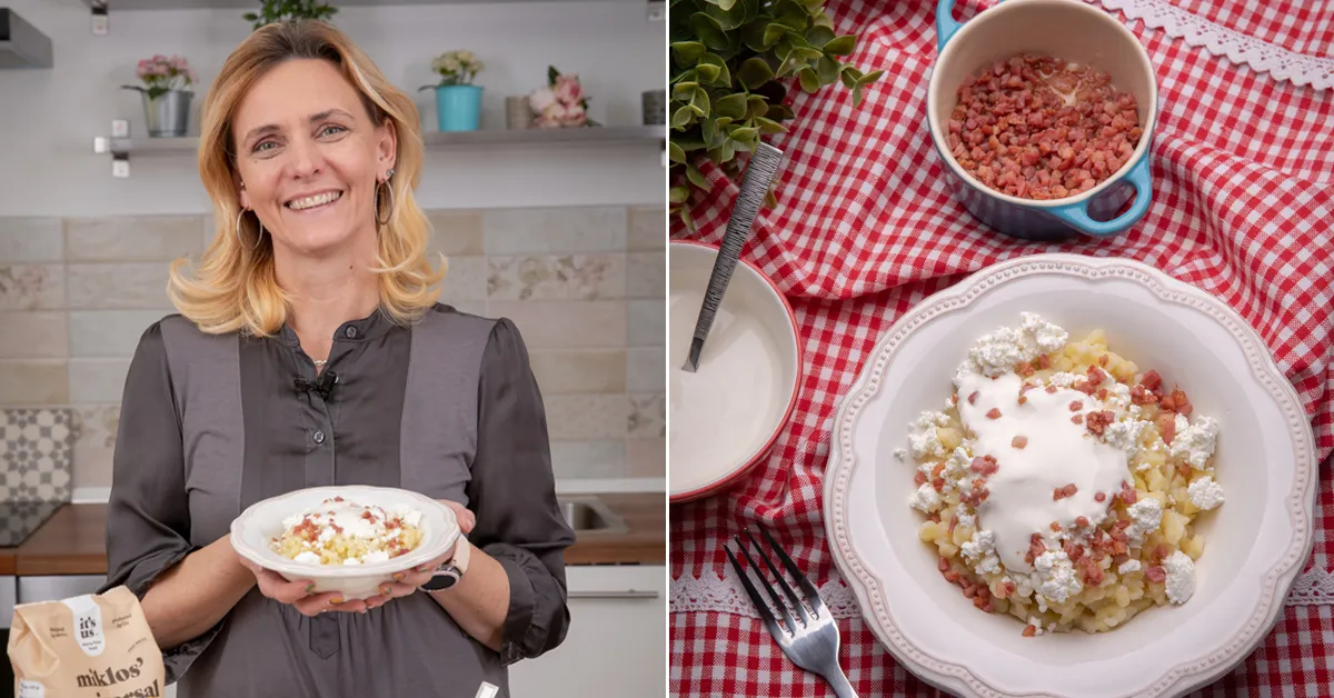 A gluténmentes sztrapacska túróval, tejföllel és pirított szalonnával igazi házias fogás – Kohári Éva tálalja a frissen elkészült ételt, amely tökéletes eleme a gluténmentes menüsornak
