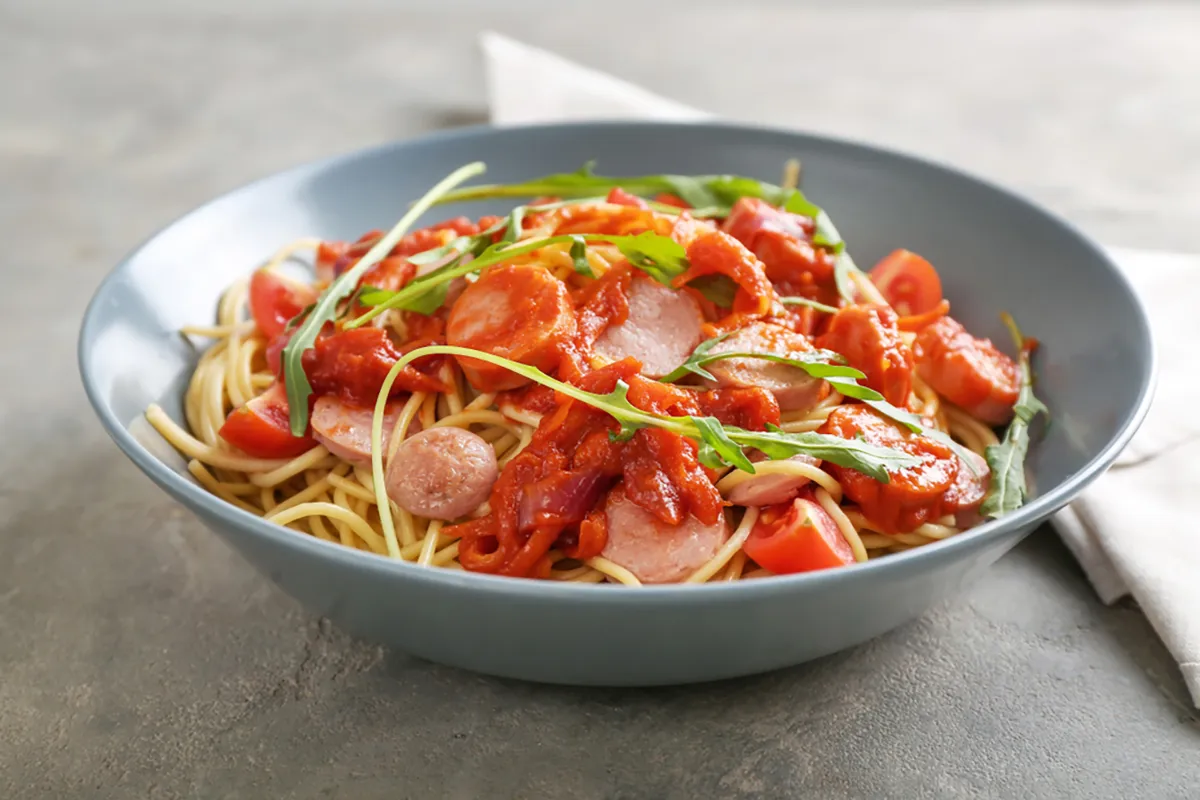 Paradicsomos-virslis spagetti recept