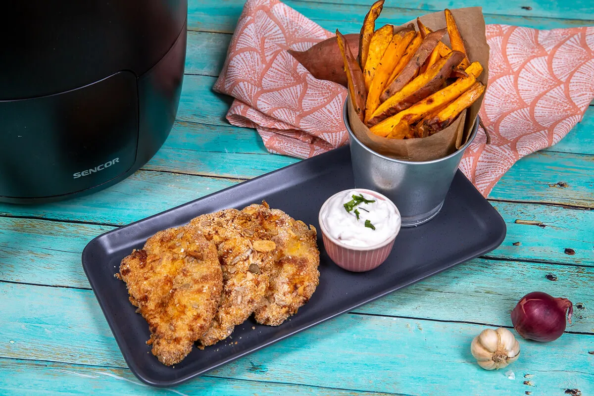 Rántott karaj fűszeres édesburgonyával air fryerben sütve recept