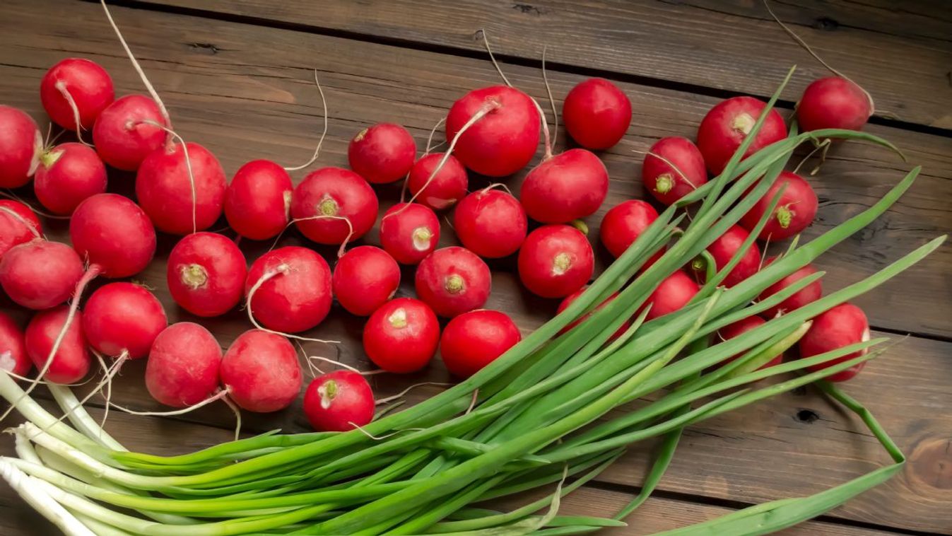 Radish,Lies,Next,To,Green,Onions,On,A,Wooden,Table.