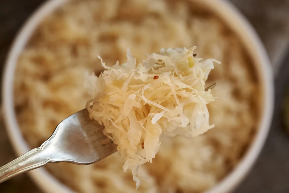 Homemade,Fermented,Cabbage,Or,Sauerkraut,On,A,Fork,,Top,View