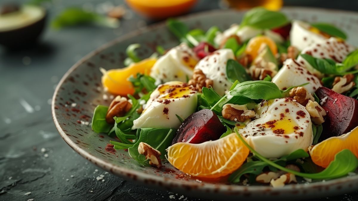 Arugula,Salad,Topped,With,Juicy,Mandarin,Orange,Segments,,Diced,Beetroot,