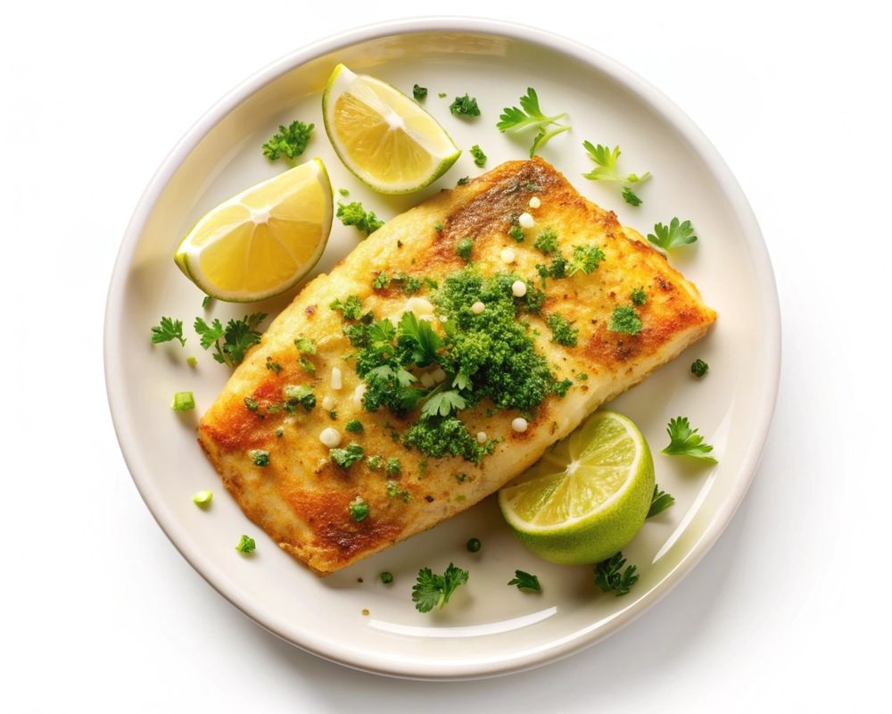 Garlic,Butter,Mahi-mahi,Fry,On,A,Plate,,Top,View,,Isolated