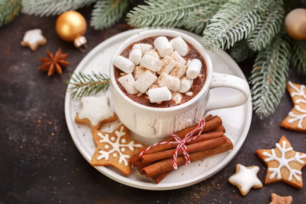 Cup,Of,Cocoa,With,Marshmallows,And,Cookies,On,Table.,Christmas