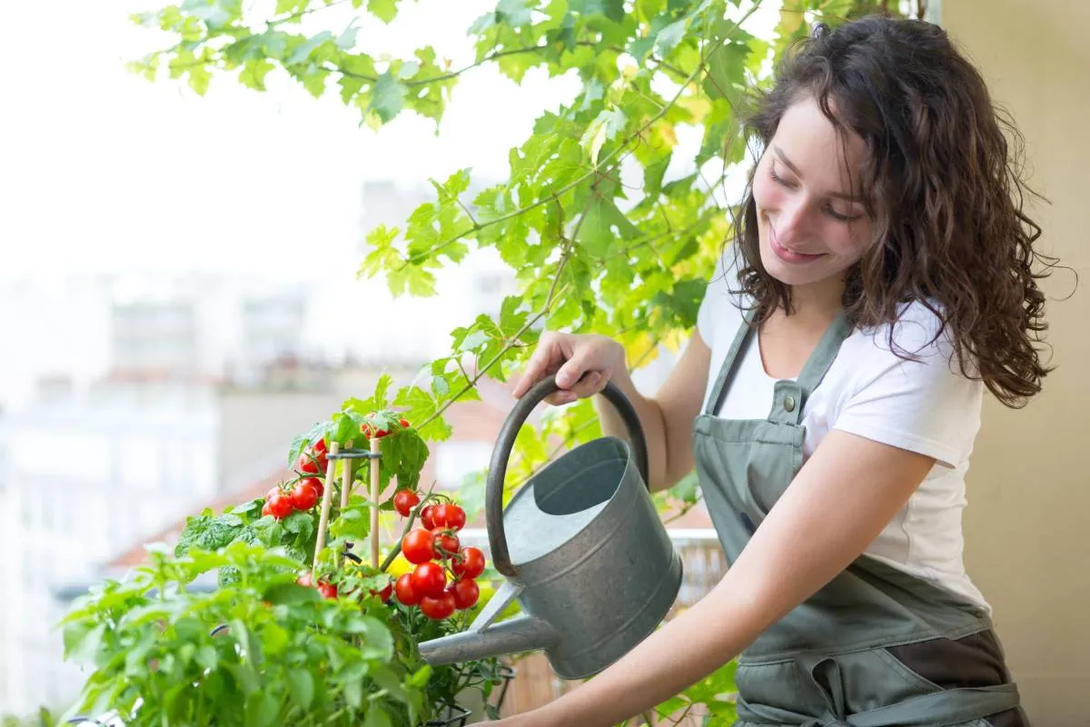 View,Of,A,Young,Woman,Watering,Tomatoes,On,Her,City