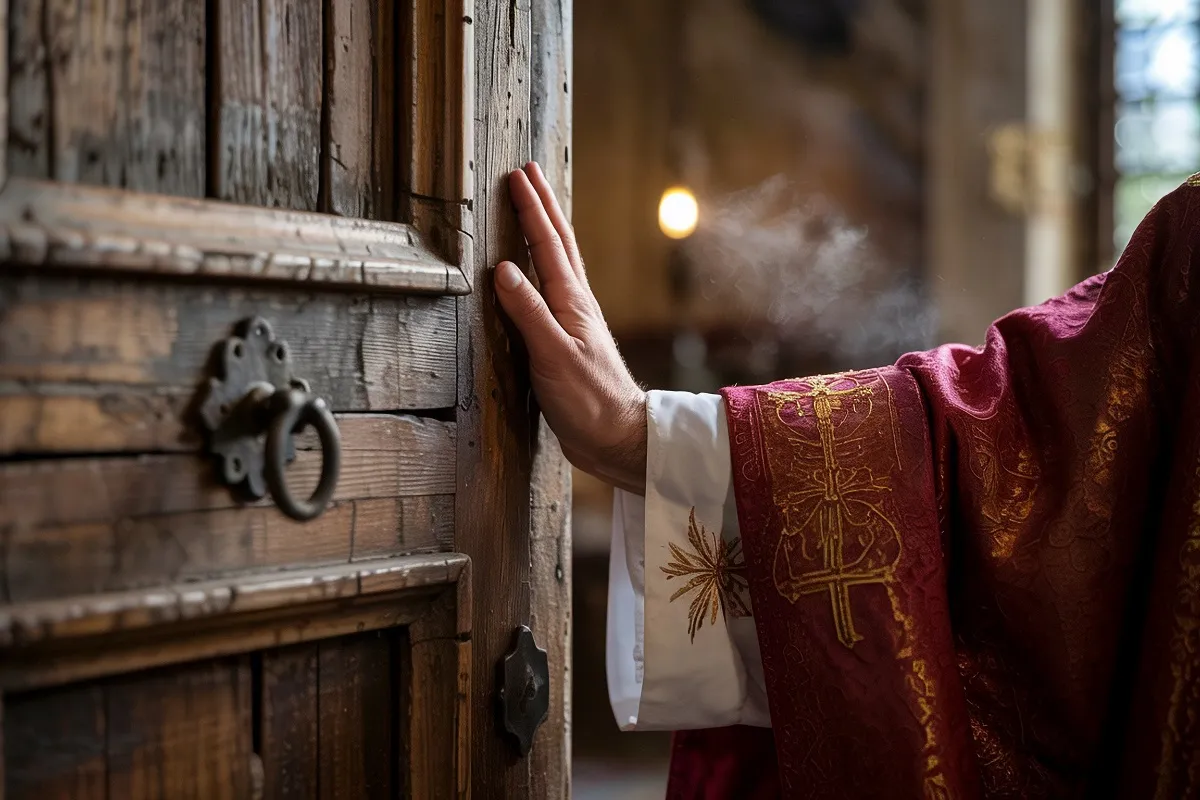 Close-up,Of,A,Cardinal's,Hand,Pushing,A,Weathered,Wooden,Door