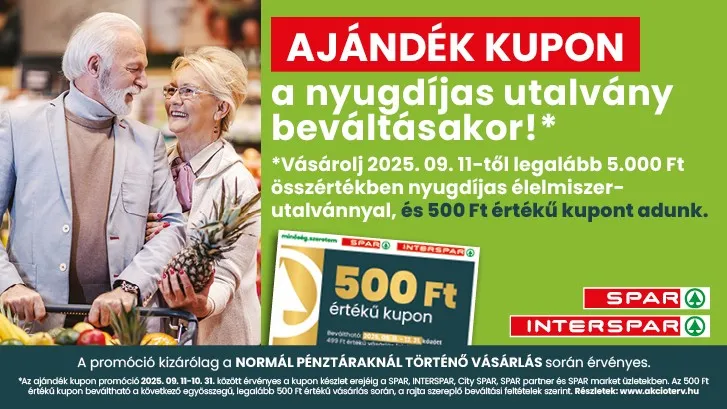 Azok a SPAR vásárlók, akik legalább 5.000 forint értékben fizetnek nyugdíjas utalvánnyal, 500 forintos kupont kapnak, amelyet az év végéig beválthatnak