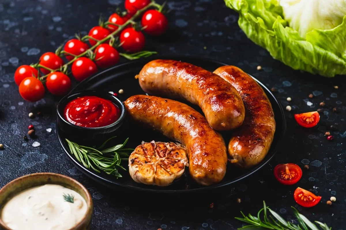 A kolbász sütése utáni csendélet: egy tál frissen sült étel