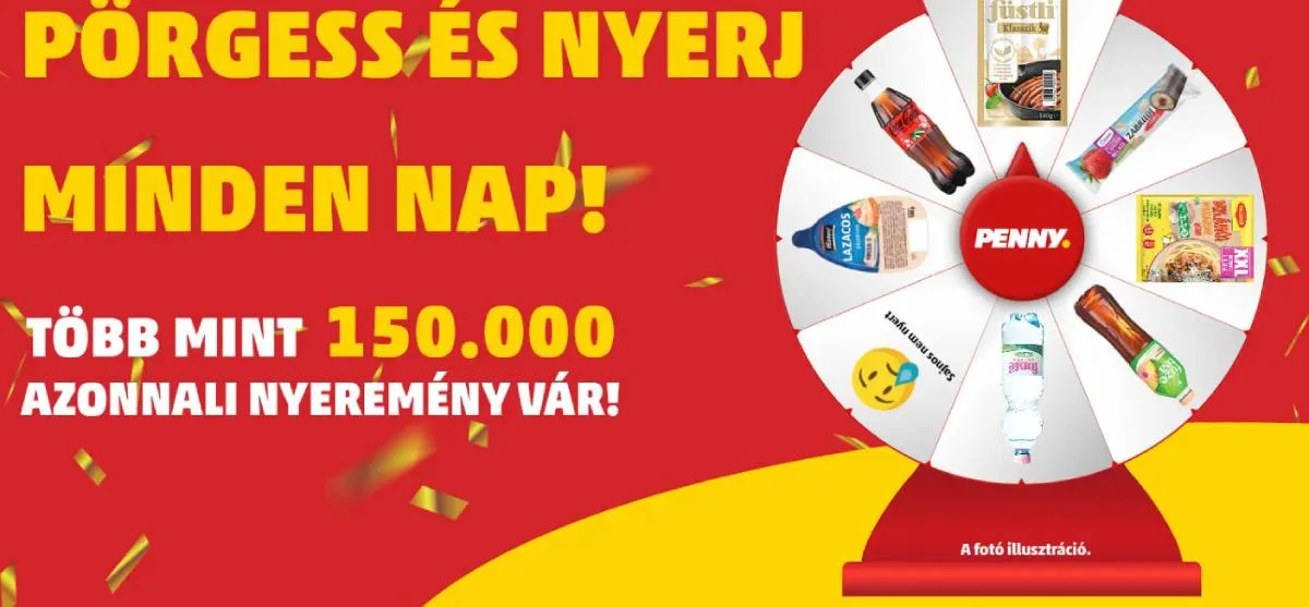 Penny Pörgető: rajzolt pörgető tábla mindenféle nyereménnyel