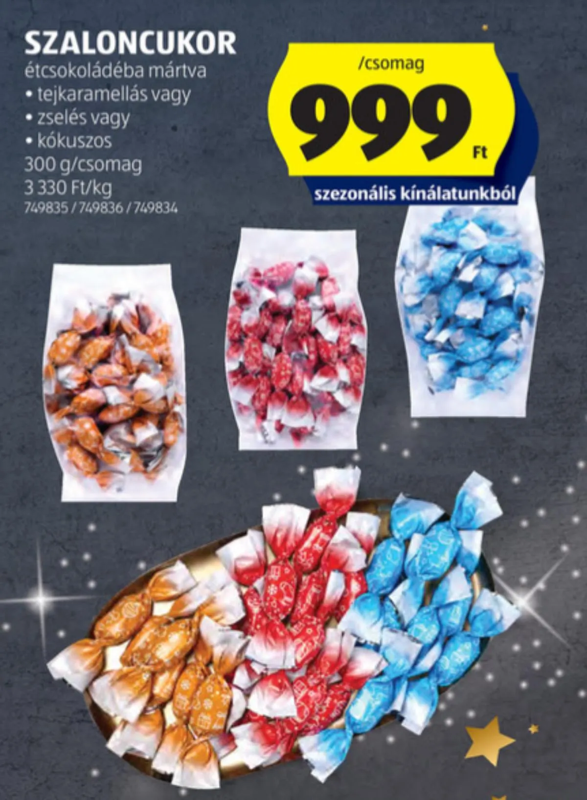 Szaloncukor: 3 ízű, különböző színű papírba csomagolt szaloncukor az Aldi polcain