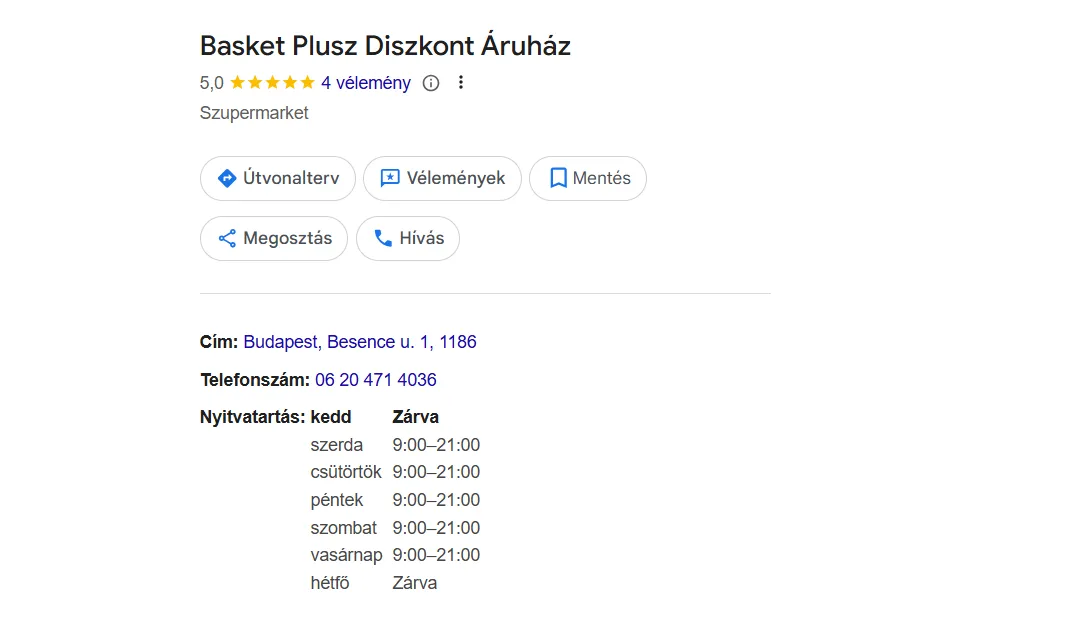 A képen az új nevet viselő Mere, avagy Basket Plusz Diszkont Áruház nyitvatartása látható.