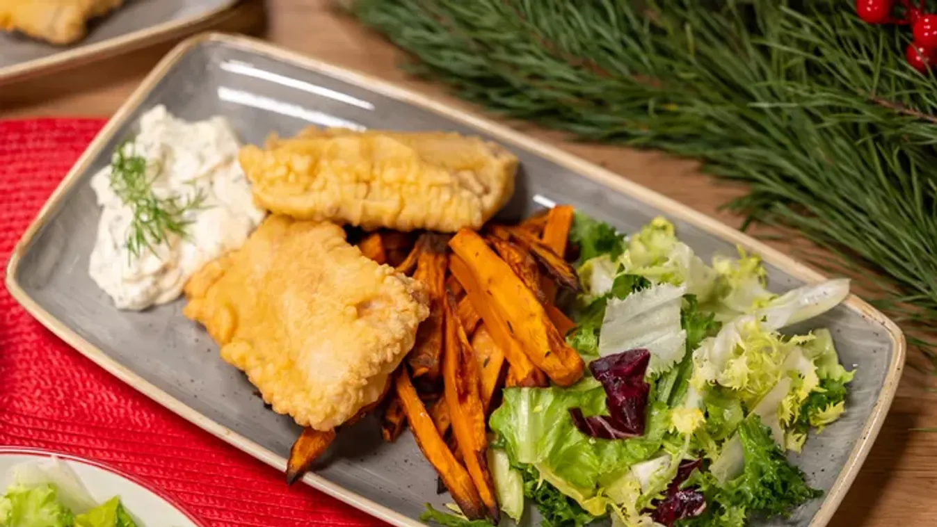 Sörtésztában sült harcsafilé édesburgonyával, remulád mártással