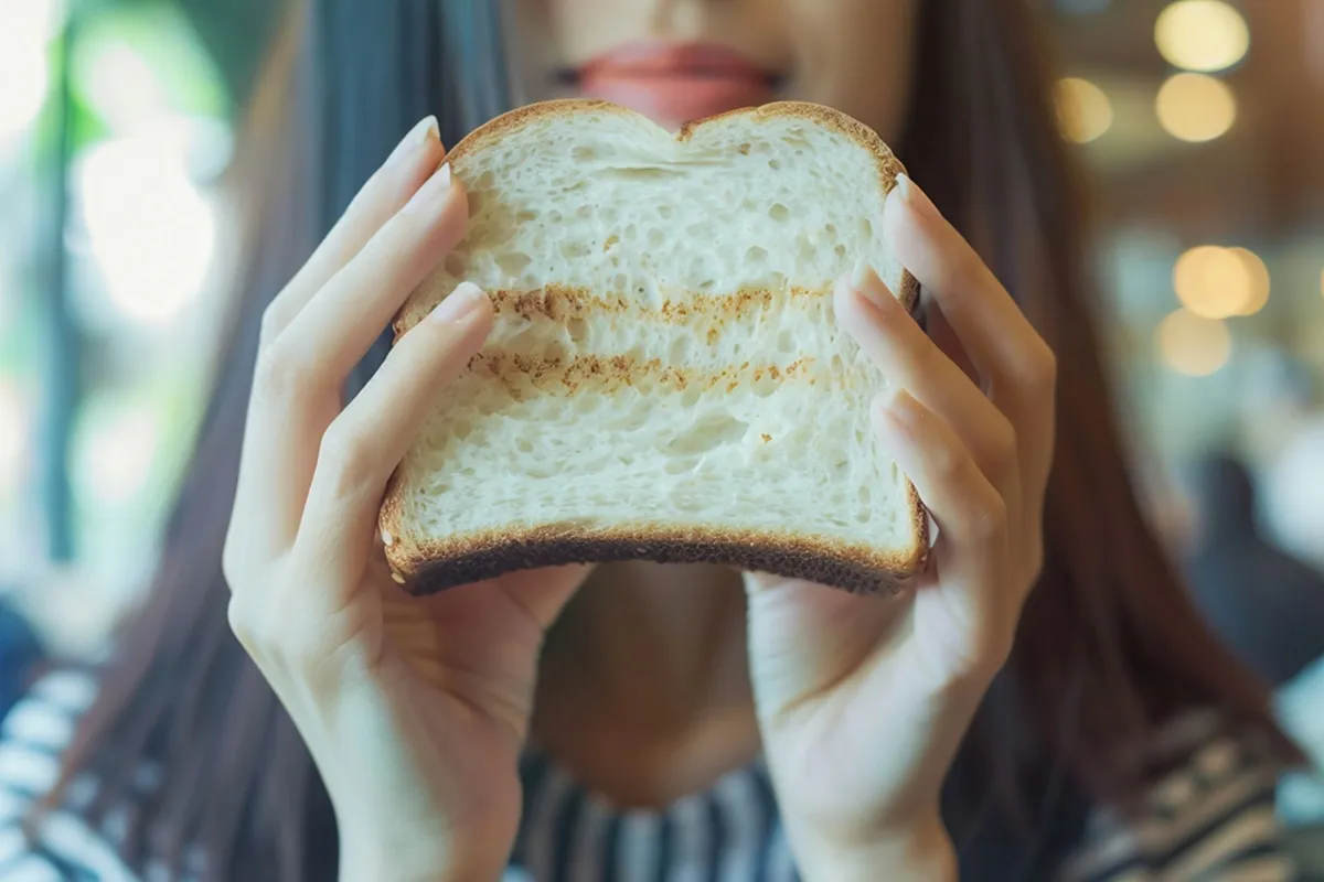 Nő kezében egy szelet fehér kenyér, ami szénhidrátdús étel