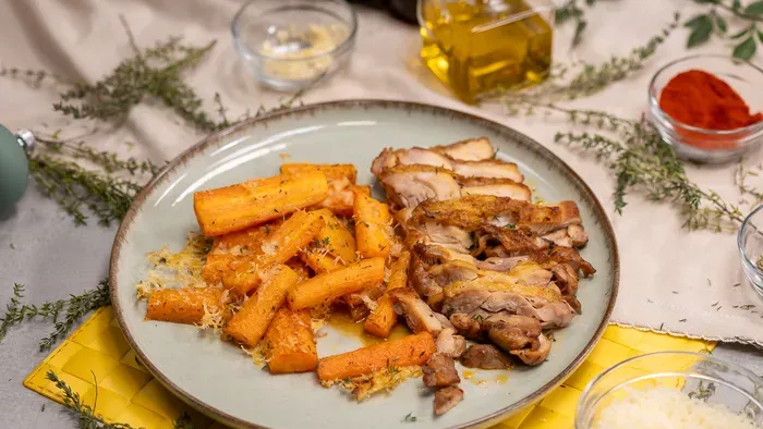 Ropogós csirkecomb sült répával