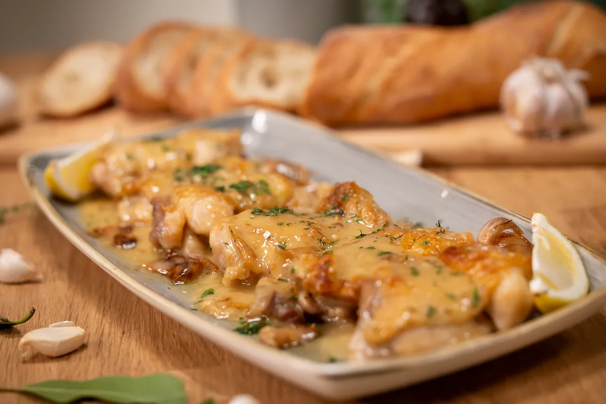 Spanyol fokhagymás csirkecomb (Pollo al Ajillo) egy tányéron