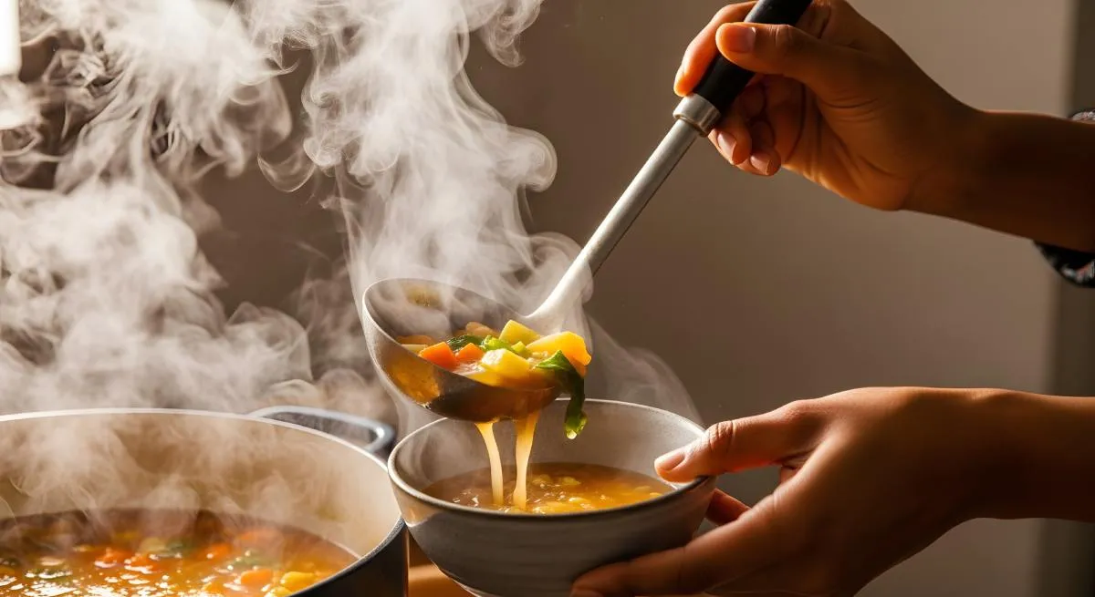 Leves: gőzőlgő levest mer egy női kéz tányérba