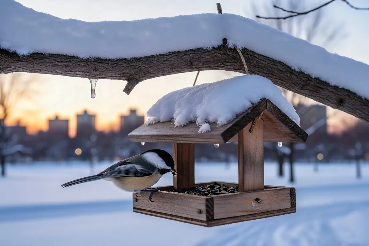 Madáretetés télen, cinege magvakat eszik