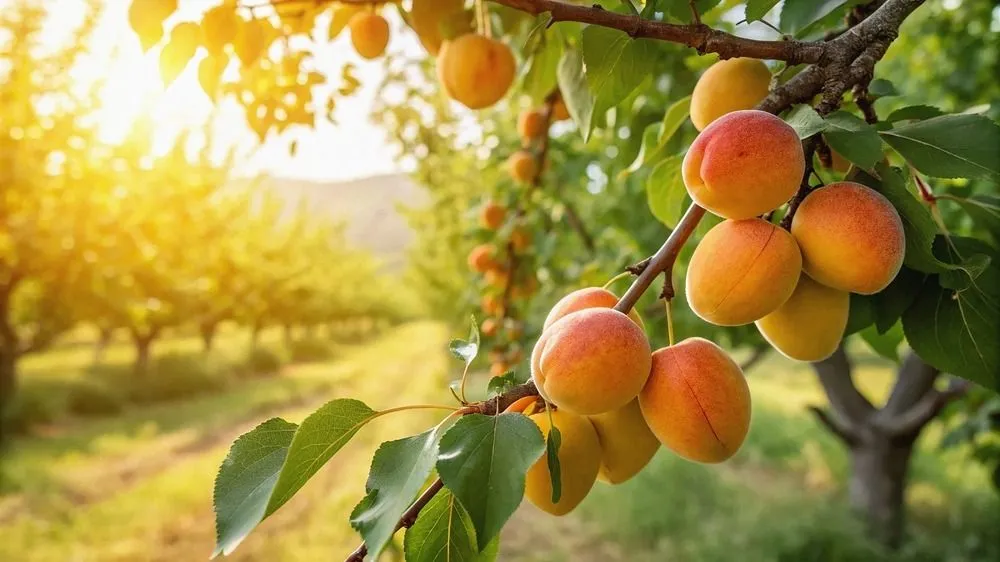 Sárgabarack metszése: Az egyik ágon érett barack látható