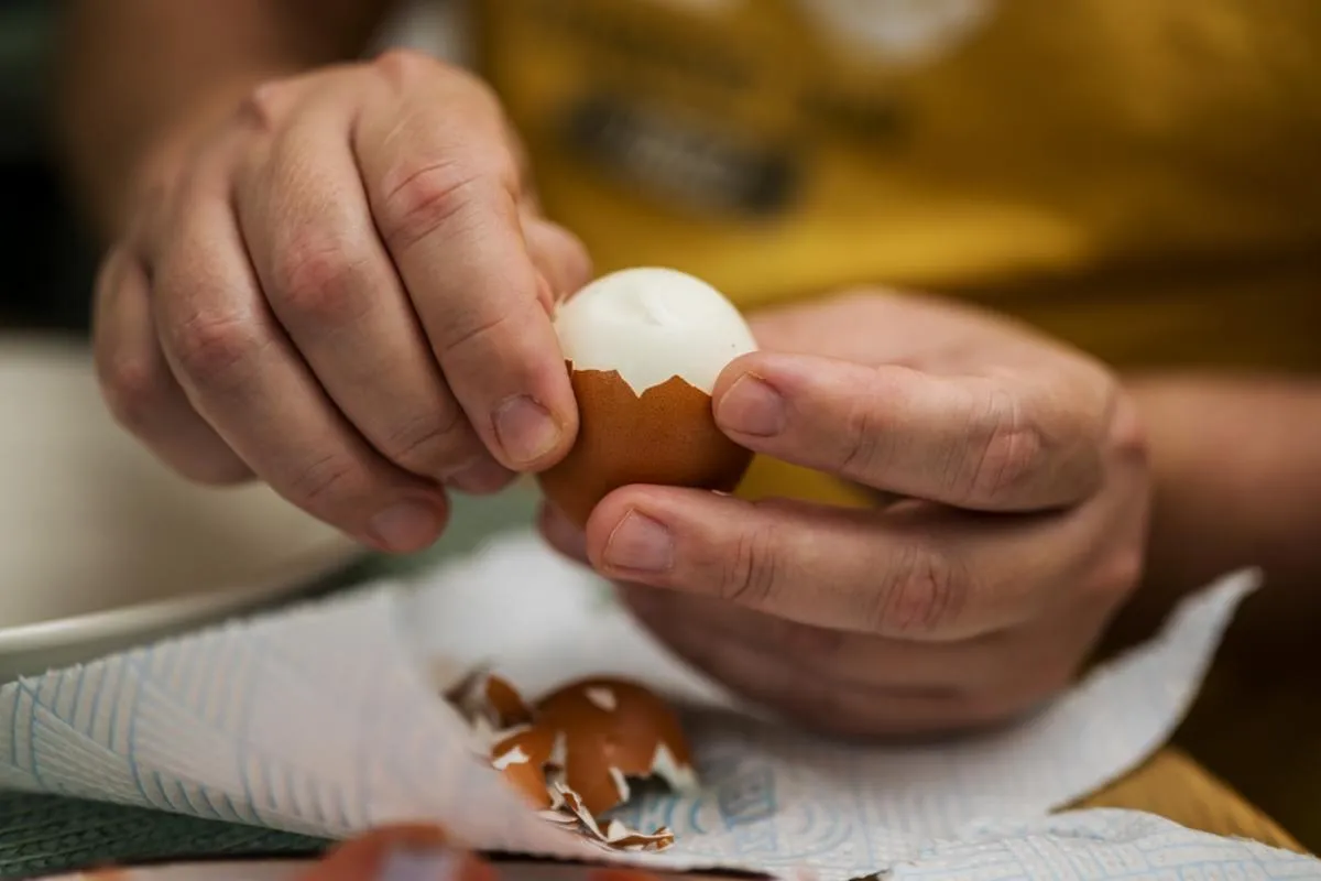 Főtt tojást pucol egy férfi