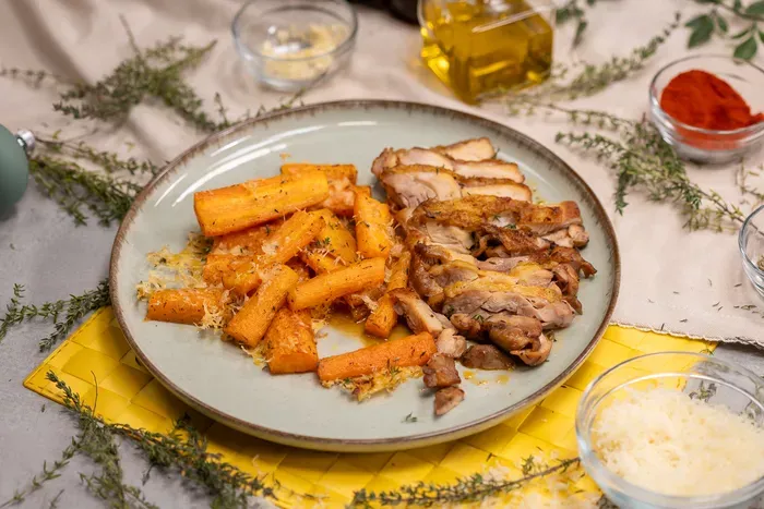 Sült csirkecombfilé parmezános répával