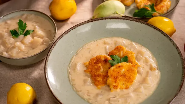 Karalábéfőzelék almával és csirkés tócsnival