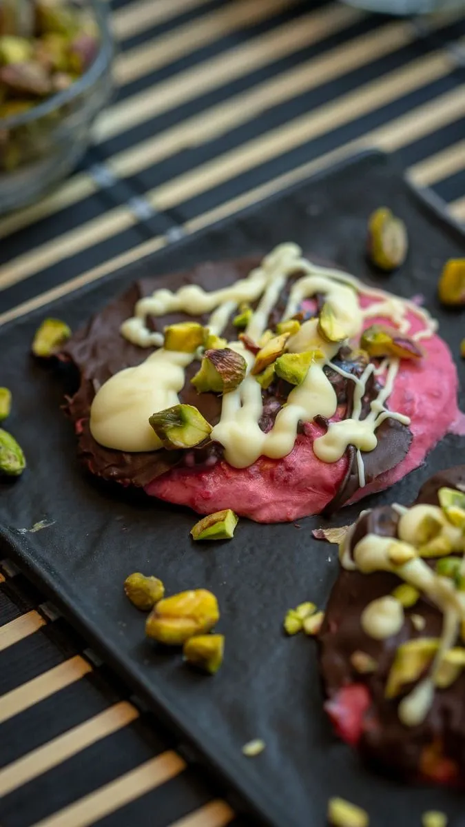 Fagyasztott málnás joghurt pisztáciával és csokoládéval